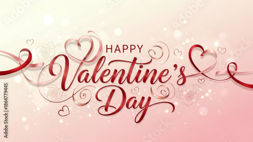 Happy valentine's day greeting card with red hearts and swirls on pink background for lovers and couples celebration with valentine s day and romance