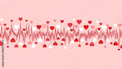 Heartbeat rhythm with red and white hearts on pink background, symbolizing love and health, valentine's day concept with cardiograph pattern