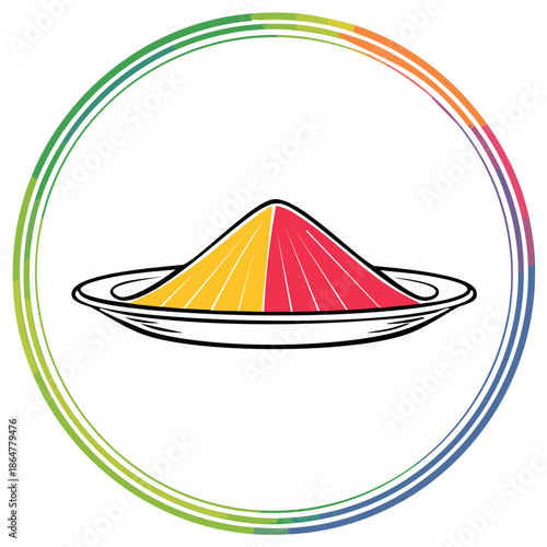 Colorful conical hat with piled spices on a plate and rainbow circle border