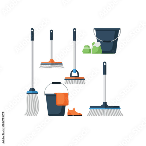 Cleaning Supplies and Tools Set for Housekeeping.