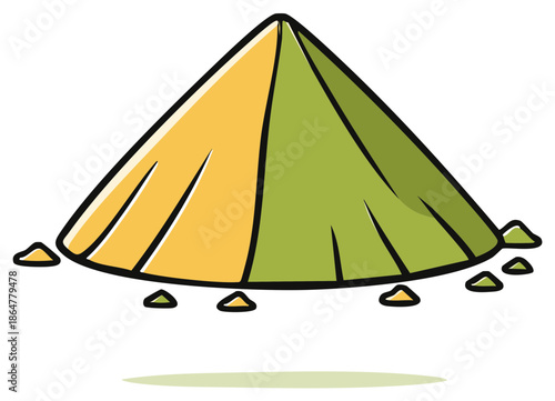 Cartoon illustration of a yellow and green pile of powder or sand with scattered granules