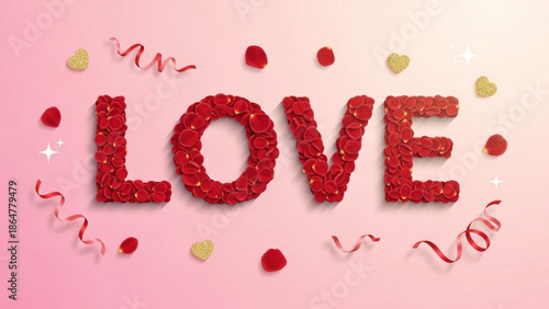 Valentine's day love concept with red rose petals forming the word love on pink background with hearts and ribbons with valentine s day and romance