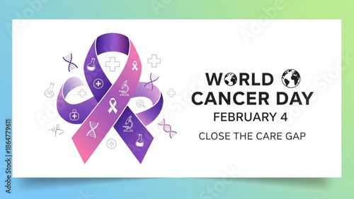 World cancer day awareness ribbon with medical symbols on white background, purple and pink colors, close the care gap campaign, february 4th global health event