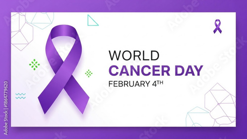 World cancer day awareness graphic with purple ribbon on white background with purple border and green geometric shapes with cancer awareness