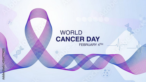 World cancer day awareness ribbon with purple and blue gradient lines on light background with dna and heartbeat symbols with cancer awareness
