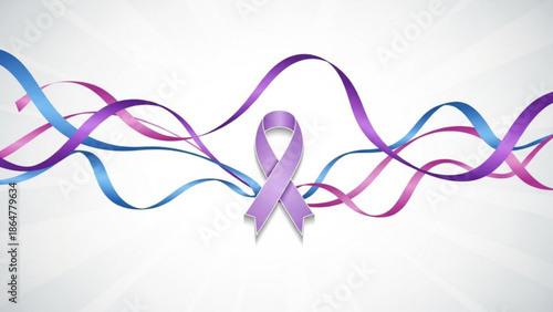 Vibrant purple awareness ribbon with flowing blue and pink ribbons on white background, symbolizing hope and support with purple ribbon and support symbol