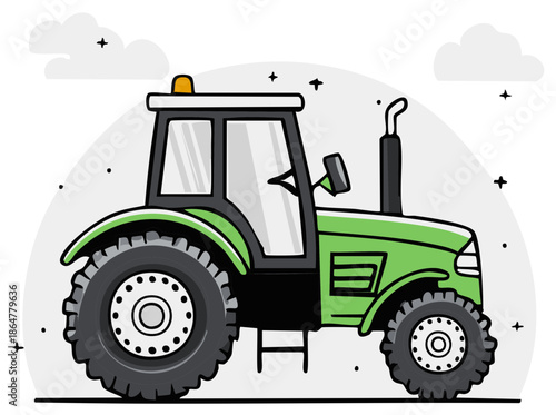Modern green tractor vehicle with cab and large wheels, illustrated with clouds