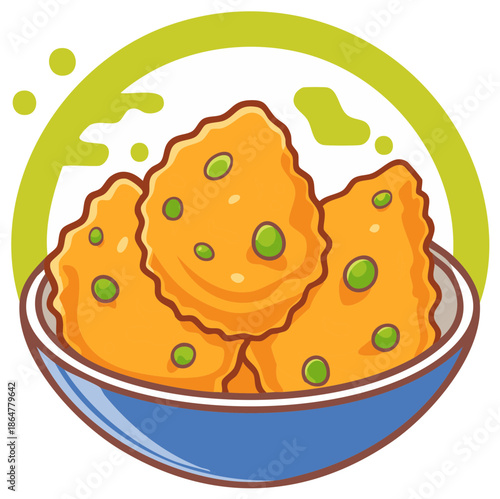 Cartoon illustration of savory pastries with peas in a blue bowl against a green circle background