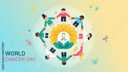 Diverse group of people holding hands around a yellow flower with a cancer awareness ribbon on world cancer day with unity and support and hope