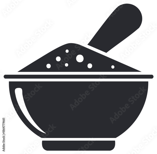 A dark gray silhouette of a mortar and pestle filled with fine powder.