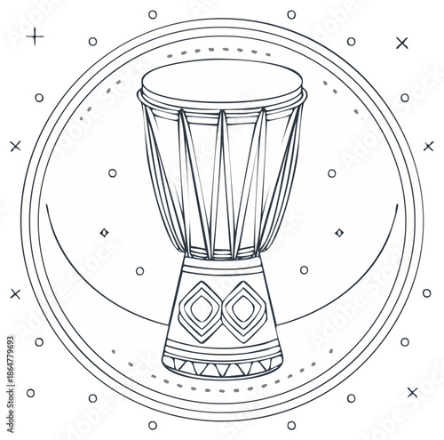 Illustration of an African djembe drum within a decorative circle.