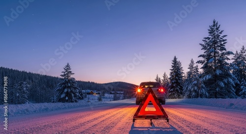 Car with warning triangle on snowy road at dusk in winter landscape