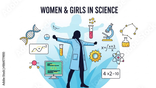 Woman in lab coat surrounded by science symbols and equations, representing women and girls in stem education and careers with women in STEM
