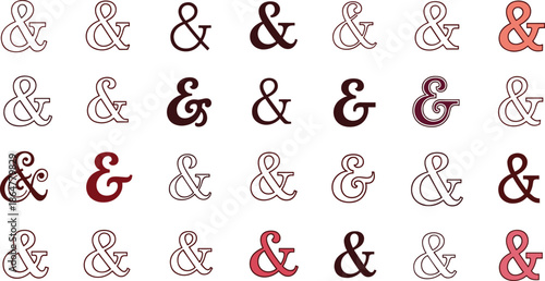Ampersand symbol collection, typography design, font style variations, graphic character set, typographic art, creative ampersand icons, red black 