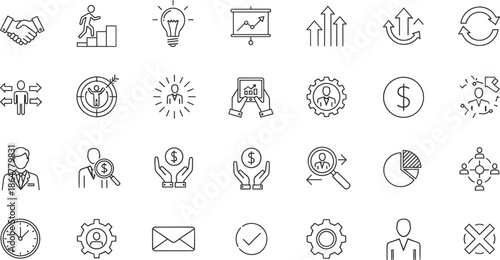 Business icons, management symbols, finance visuals, career growth, strategy planning, teamwork, productivity tools, goal setting, digital analytics, professional development