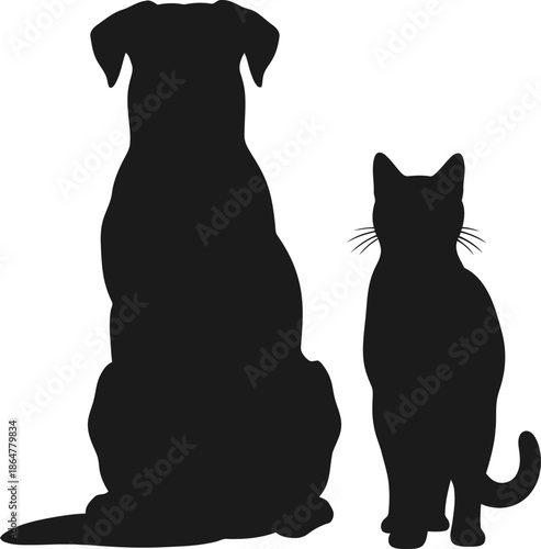 Silhouette of a large dog sitting next to a smaller cat on a white background