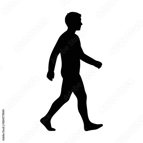 Black silhouette depicting a human figure walking sideways with purpose