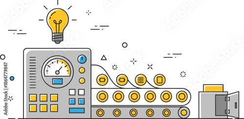 Automation concept illustration, idea generation, factory process, control panel, conveyor belt, innovation system, sorting mechanism, workflow, machine