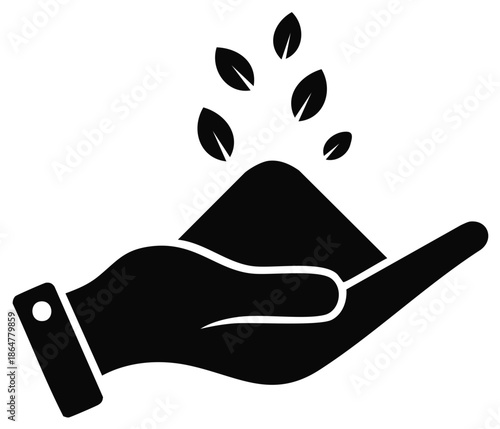 Stylized Hand Holding Seed Mound with Falling Leaves Concept Icon Sign