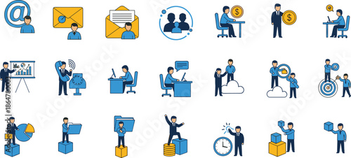 Business icons set, teamwork, communication, finance, office work, data analysis, time management, goal setting, professional concept, vector illustration