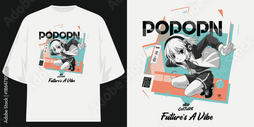 popopin neo culture anime girl t-shirt design graphic streetwear style illustration apparel clothing manga otaku vaporwave retro futuristic vector art print t shirt design vector illustration artwork
