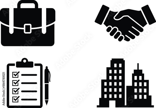 Professional business icons set featuring briefcase icon, handshake agreement, checklist clipboard with pen, and corporate office building skyline silhouette for commerce.