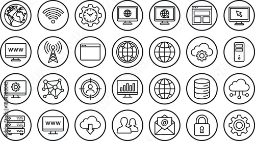 Professional business icons set, including data analytics charts, global networking symbols, cloud computing servers, cybersecurity shields, web development tools and connectivity.
