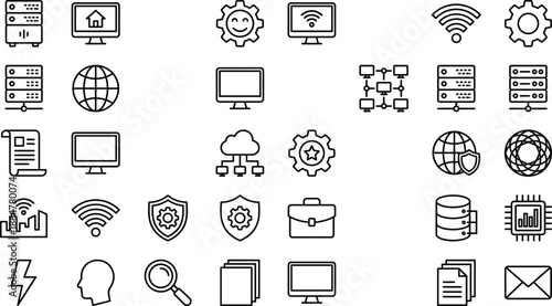 Set of business technology icons featuring data analytics charts, server infrastructure, cybersecurity shields, cloud computing network, global communication and office tools.