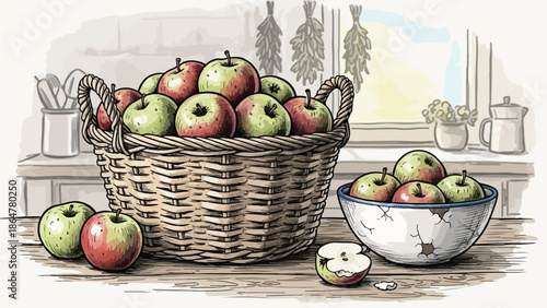 Wicker basket full of fresh apples and pears