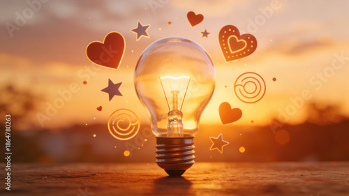 Glowing lightbulb with hearts and stars, symbolizing optimism and creativity in a bright, hopeful concept.