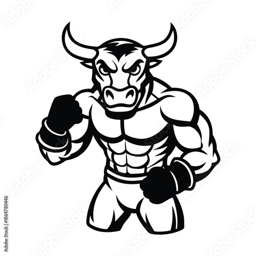 Boxing bull mascot sports character line art illustration