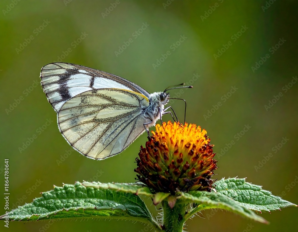 Obraz premium Butterfly with intricate wing patterns perched on a vibrant, spiky, orange and yellow flower