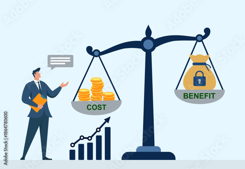 Cost-Benefit Analysis Illustration: Businessman comparing cost coins and benefit money bag on balance scale with growth chart and strategy discussion, Cost Comparison, Benefit Evaluation