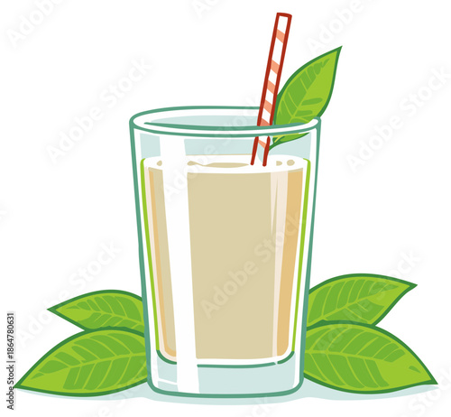 Glass of iced tea or healthy beverage with fresh leaves and a straw vector illustration