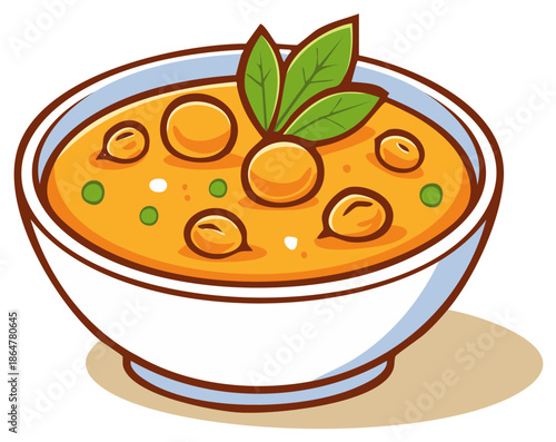 Bowl of Homemade Chickpea Soup Cartoon Illustration with Green Peas and Leaf Garnish