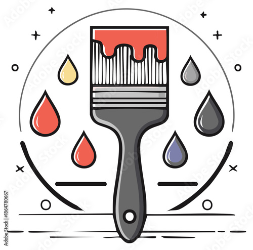 Paint Brush Dipped in Red Paint Surrounded by Vibrant Color Drops Creative Art Illustration