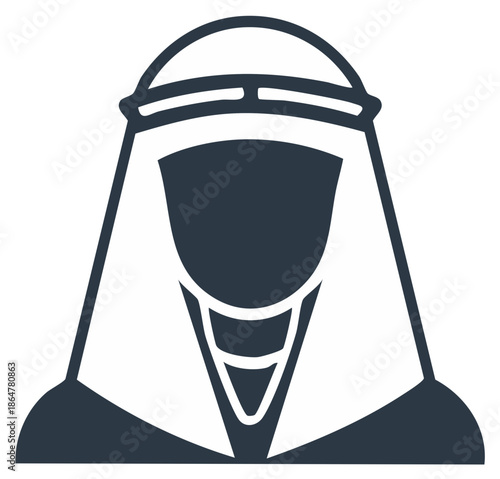 Anonymous man in traditional Arab keffiyeh and agal icon representing Middle Eastern culture.