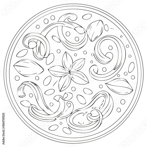 Elegant Outline of Aromatic Spices and Nuts in a Decorative Circle Vector Illustration