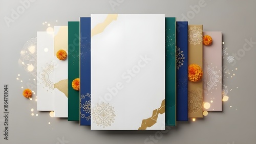 Collection of elegant festive invitations or gift boxes with golden designs and marigold flowers