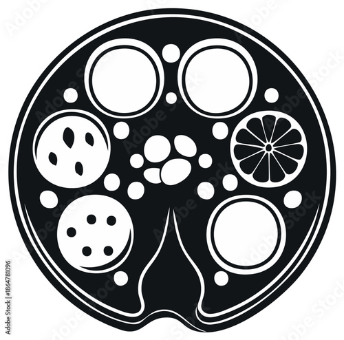 Stylized top view of Spanish paella in a traditional pan, a black and white vector food icon.