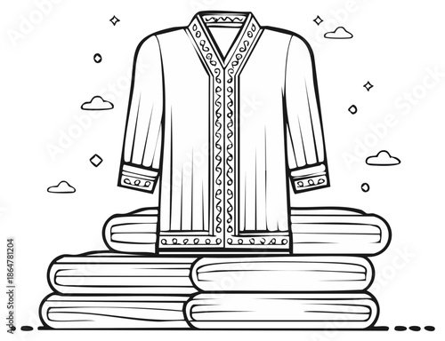 Elegant ethnic garment with intricate embellishments atop folded fabric stack line art vector