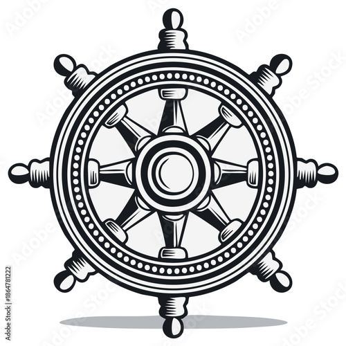 Classic Nautical Ship Steering Wheel Emblem Detailed Vector Illustration