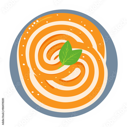 Artistic illustration of a bowl of swirled creamy orange soup with a basil garnish