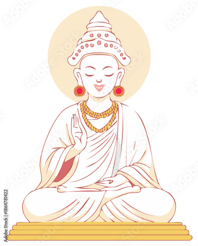 Serene spiritual figure meditating in traditional lotus pose with ornate crown and golden jewelry illustration