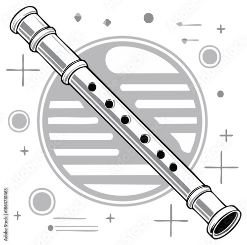 Stylized monochrome vector illustration of a classical woodwind flute instrument