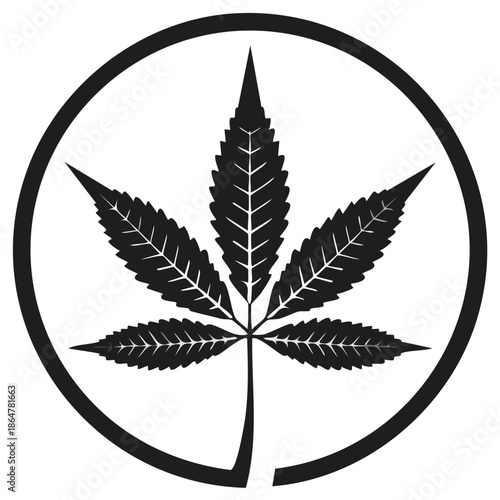 Black marijuana leaf vector illustration in a circle, a simple design isolated on white, creating a bold and modern visual.
