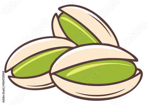 Close up view of three pistachio nuts with shells open showing the green kernel inside