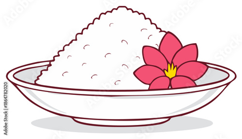 Simple illustration of a decorative bowl with white grains and a pink tropical flower