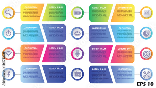 16-Step Business Infographic Template. Professional Grid Layout with Colorful Gradient Banners, Round Web Icons, and Placeholder Text. Modern Vector Illustration for Categorized Project Management