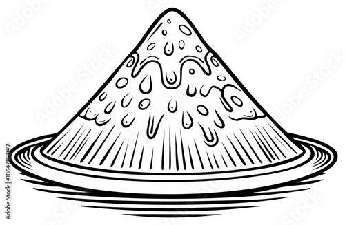 Abstract cone shape with dripping liquid and circular base in black and white line art